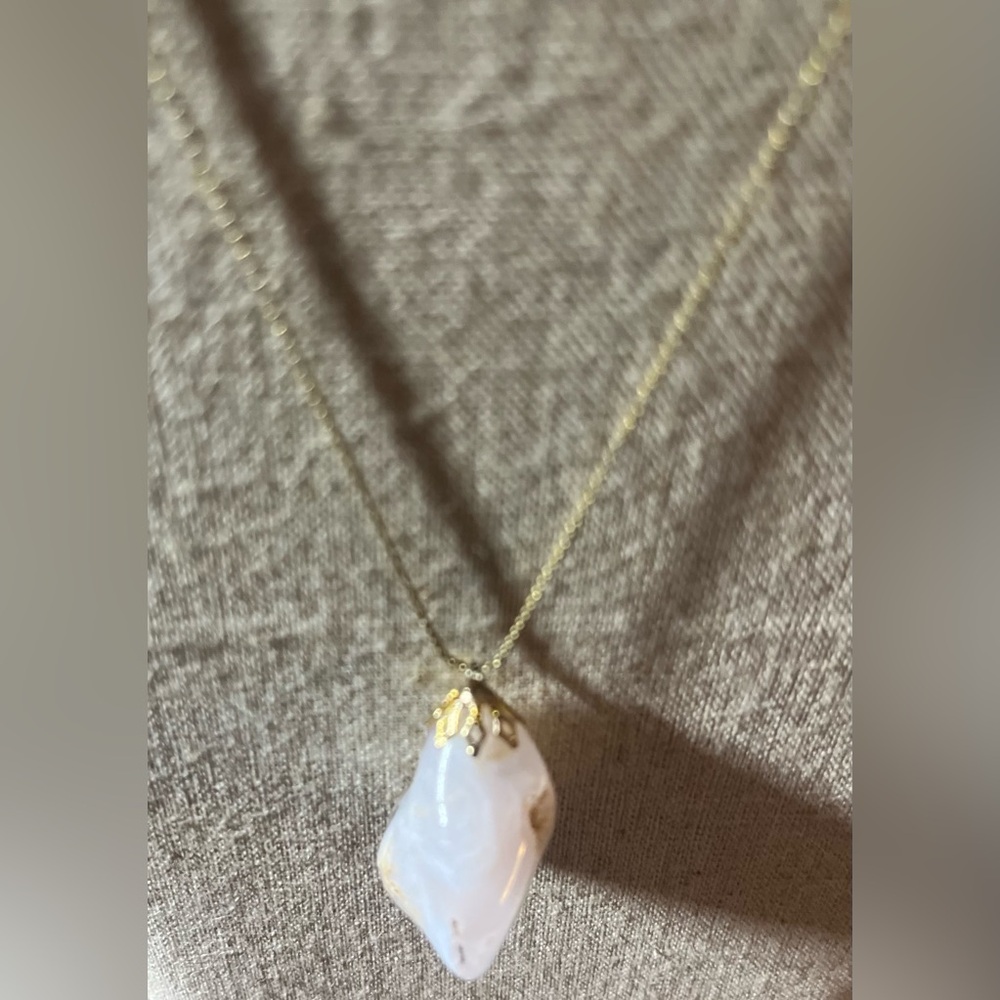 Flower Agate Smooth Stone Pendant on Delicate Gold Chain - Picture 3 of 7